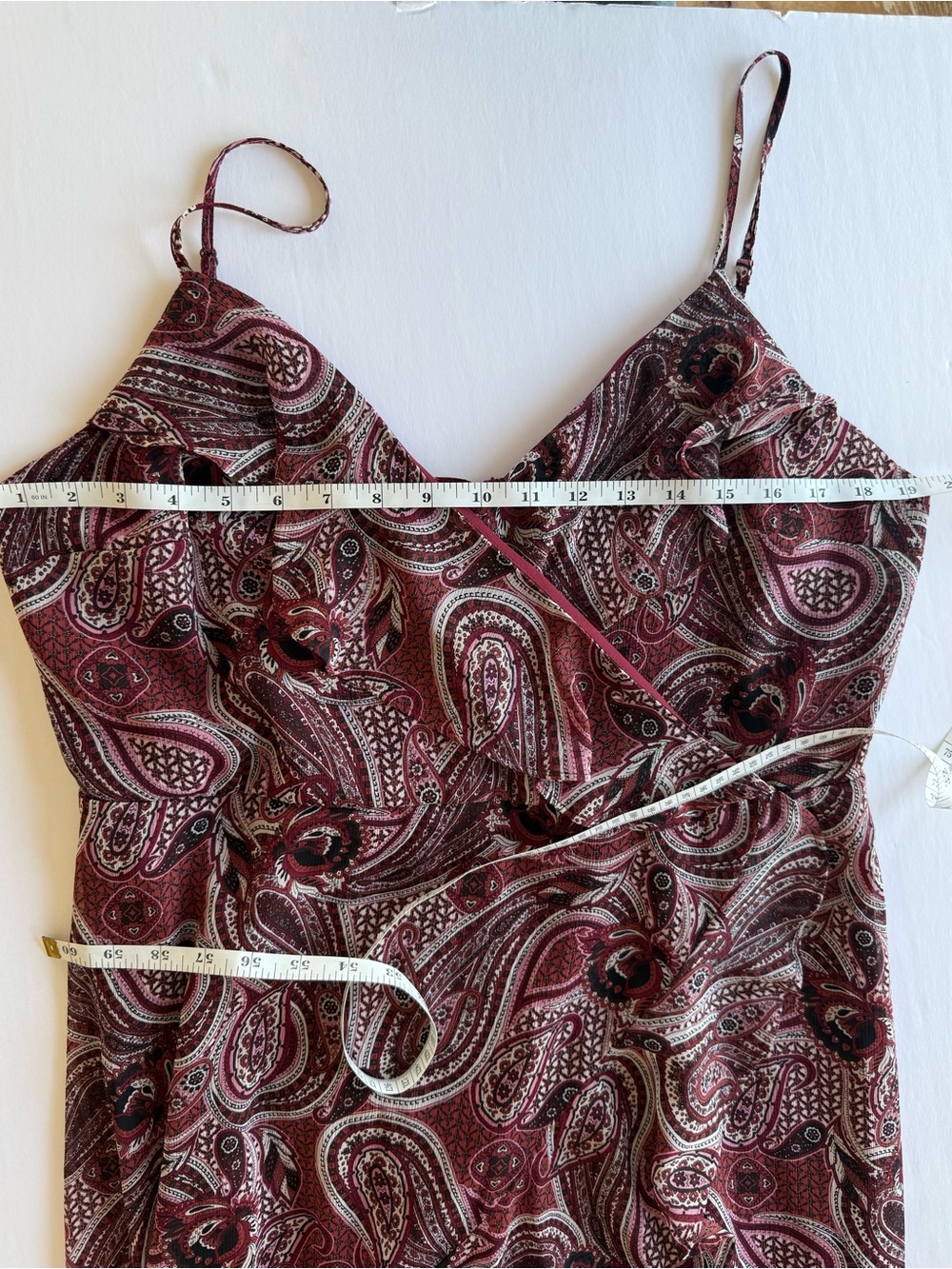 Express Paisley Ruffle Maxi Dress Red Ruffle V-Neck Spaghetti Strap Large - Picture 9 of 15